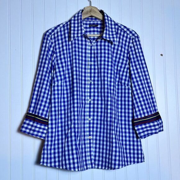 J. McLaughlin Tops - J. McLaughlin Women 12 Check Plaid White Blue Button Down Cotton Casual Shirt